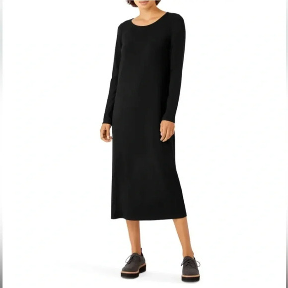 Eileen Fisher Long Sleeve Jersey MIDI Shift Dress in Black Size Medium - Picture 1 of 9
